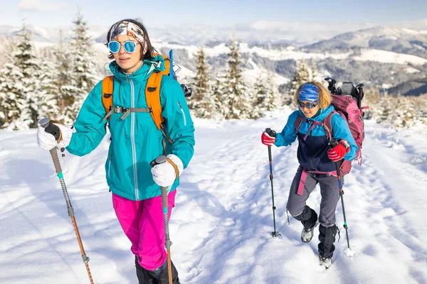 Dvě Dívky Batohy Kráčejí Stezce Zimních Horách Turistika Horách Dobrodružství — Stock fotografie