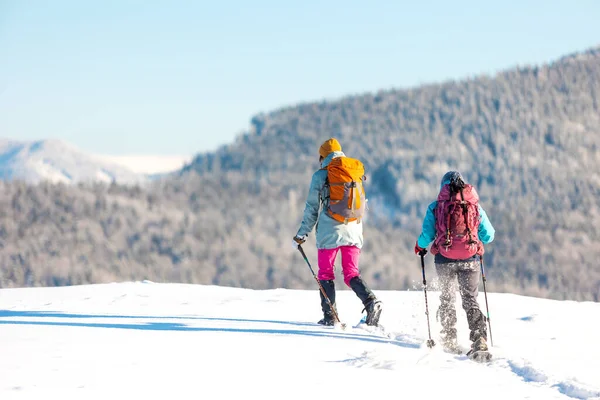 Two Women Backpacks Walk Snowshoes Snow Winter Trekking Two People — Stock fotografie