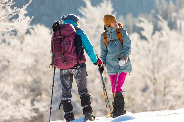 Two Women Walk Snowshoes Snow Winter Trekking Two People Mountains — Stock Photo, Image