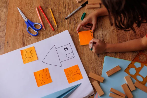 Boy Draws House Child Makes Layout House Boy Engaged Scissors — Stock Photo, Image