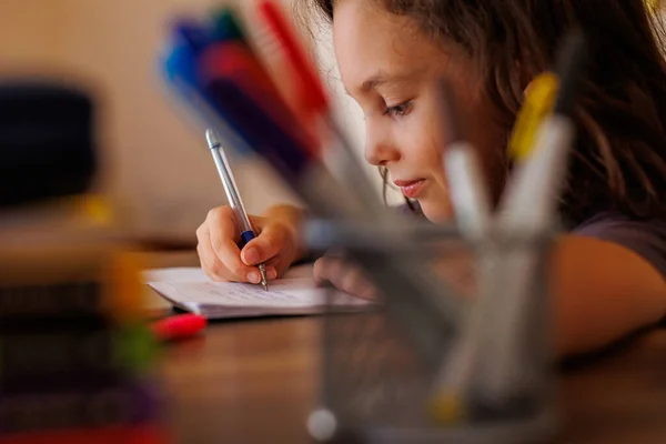 Children Hand Close Child Uses Pencil Practice Writing Letters Child — Stock Photo, Image