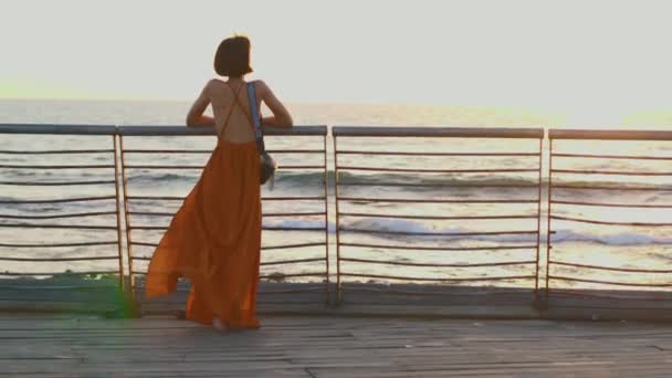 Eine Frau Genießt Den Sonnenuntergang Auf Reisen Elegante Glückliche Frau — Stockvideo
