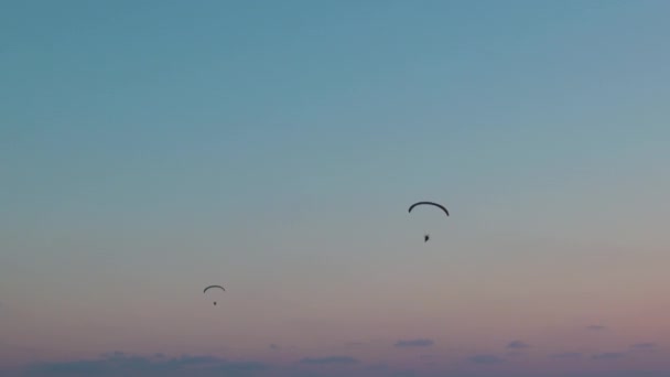 二つのパラグライダーは 雲と日没の背景に青空を飛んでいる パラグライダー — ストック動画