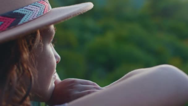 Portrait Confident Child Boy Hat Stands Bridge Dreams Adventure Travel — Stock Video