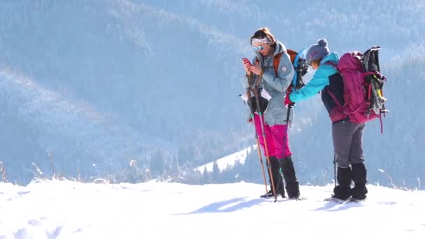 소녀가 꼭대기에 소통을 전화를 사용합니다 겨울에 하이킹 — 비디오