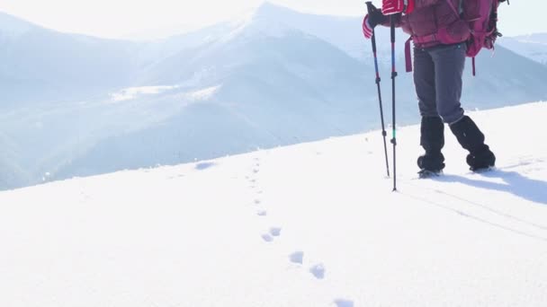 Frau Mit Rucksack Schneeschuhen Erklimmt Einen Verschneiten Berg Ihrem Partner — Stockvideo