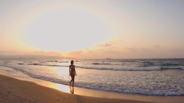 Glückliches Junges Mädchen Spaziert Strand Entlang Schönes Sonnenuntergangslicht Der Küste — Stockvideo