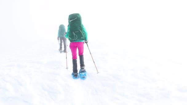 Due Donne Con Zaini Camminano Con Ciaspole Nella Neve Escursioni — Video Stock