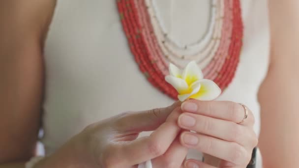 Young Girl Holds White Flower Her Palm Model Poses Flower — Stock Video