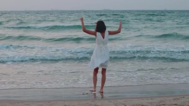 Ευτυχισμένο Κορίτσι Ταξιδιώτη Ένα Λευκό Καλοκαιρινό Φόρεμα Απολαμβάνοντας Μια Τροπική — Αρχείο Βίντεο