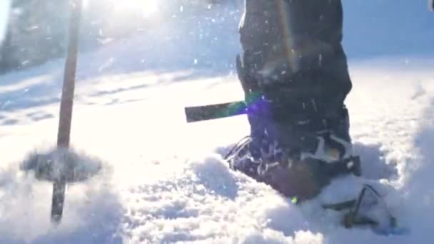 冬季徒步旅行 穿着雪鞋的腿 在山上使用设备 一个背着背包和雪鞋的女人在雪地里穿行 冬天徒步旅行 带着远足装备 — 图库视频影像