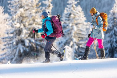Kış dağları. Kar ayakkabılı ve sırt çantalı iki kişi yürüyüşe çıktı. Macera ve aşırı eğlence kavramı..