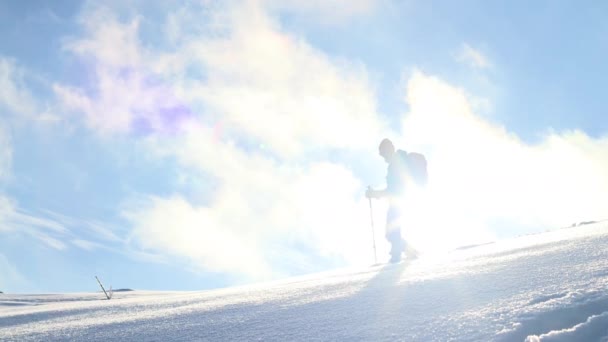 Γυναίκα Περπάτημα Χιονοπέδιλα Στο Χιόνι Αναρρίχηση Ένα Βουνό Κακές Καιρικές — Αρχείο Βίντεο