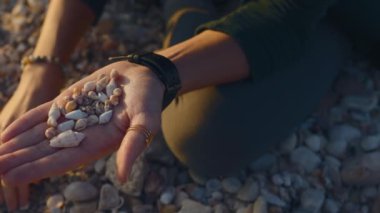 Kız sahilde oturur ve farklı kabuklar toplar. Deniz kabuğu koleksiyonu. Kızın elleri, yakın plan kabuklu. dinlenme ve meditasyon.