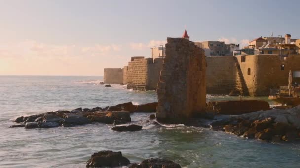 Deniz Kıyısındaki Eski Kale Akko Acre Srail Kent Duvar Manzarası — Stok video