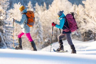 Kış dağları. Kar ayakkabılı ve sırt çantalı iki kişi yürüyüşe çıktı. Macera ve aşırı eğlence kavramı..