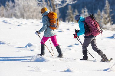 Bir kadın karda kar ayakkabılarıyla yürür, kış yürüyüşü yapar, kışın dağlarda yürüyüş malzemesi taşır.