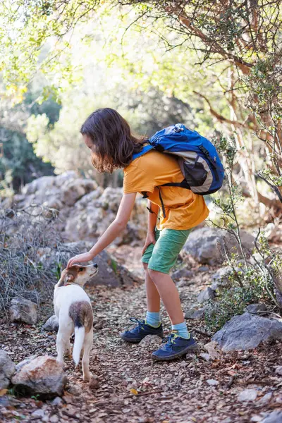 A boy with a backpack walks along a mountain path with a dog. trekking with an animal and a child. The dog goes with his owner into the forest. Pet and child on a hike.