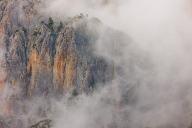 Bulutlardaki dağlar. Dağ manzarası. Sisteki dağ zirvesi manzarası. Yüksek kayalıkları olan güzel bir manzara. Dedegol. Türkiye.