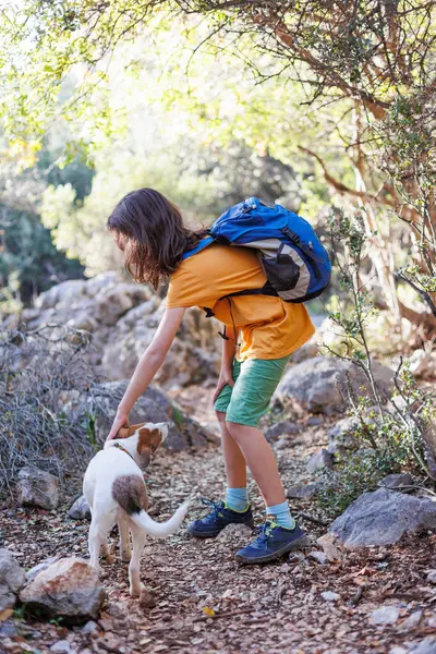 Little boy with a backpack on a hike. Healthy activity. a cheerful dog plays with a child during a hike, a child plays with a dog while trekking in the forest. in summer a child with a dog on a hike.