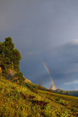 Yağmurdan sonra dağların ve gökkuşaklarının inanılmaz manzarası. Göz kamaştırıcı doğal manzara. Dedeghel 'in popüler dağlık bölgesinin görünümü.