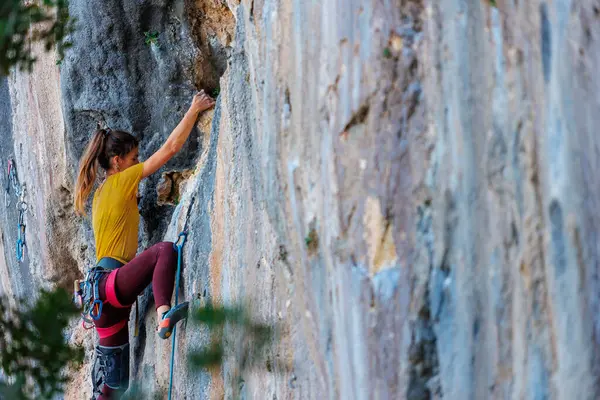 Bergsteiger Überwindet Anspruchsvolle Kletterroute Klettert Ein Mädchen Auf Einen Felsen Stockbild
