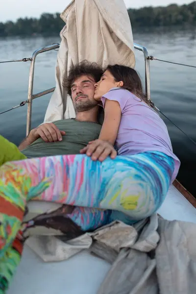 Girl Guy Lie Sails Yacht Couple Love Resting Yacht Romantic Stock Image