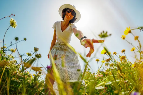 Summer Mood Girl Touches Flowers While Walking Meadow Young Girl Royalty Free Stock Images
