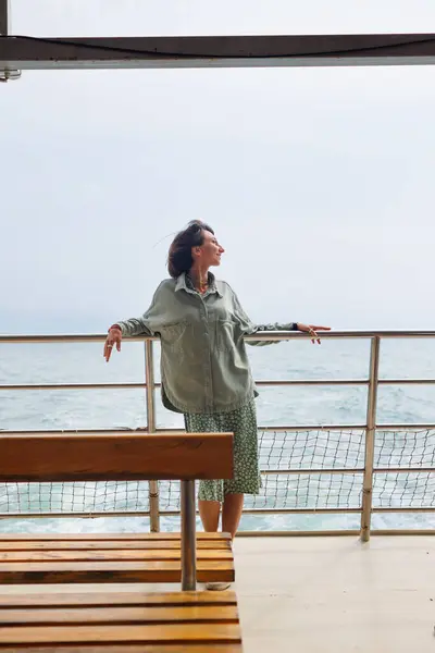 Young Woman Stands Deck Cruise Ship Enjoys Journey Happy Woman Imagen De Stock