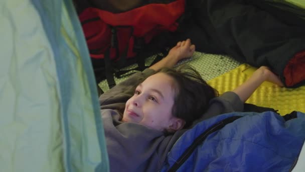 Child Woke Tent Camp Summer Camp Boy Sleeping Bag Hiking — Stock video