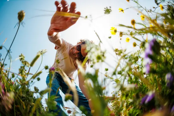 Summer Mood Guy Touches Flowers While Walking Meadow Man Collects Imagen De Stock