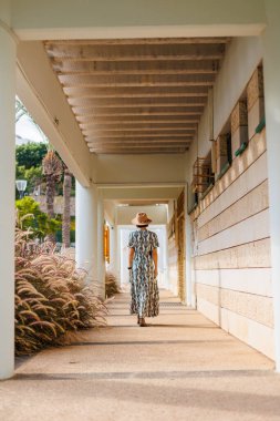 Sokakta yürüyen güzel bir esmerin uzun boylu portresi. Arkadan bak. Yazın açık havada. moda ve tarz kavramı.