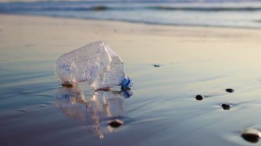 Sahildeki çöpler. Plastik bir şişe sahilde yatar ve denizi ve deniz yaşamını kirletir. Deniz ve okyanuslardaki plastik kirliliğini kontrol etme kavramı.
