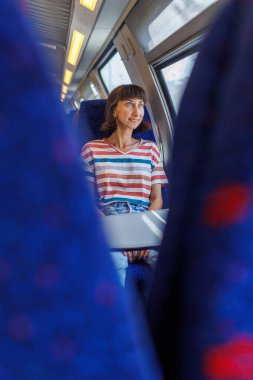 İyi yolculuklar. tren yolcusu. Tren yolculuğu. Genç ve güzel bir kadın tren yolculuğundan zevk alıyor, pencerenin kenarında oturuyor ve pencereden dışarı bakıyor..