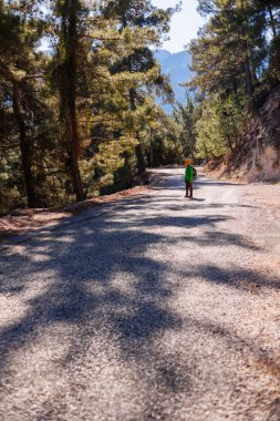 Ormanda sırt çantalı bir çocuk. Çocuklarla yürüyüş ve yürüyüş. Yürüyüş ve seyahat.