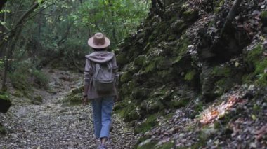 Sırt çantalı ve şapkalı bir kadın, yürüyüşte gülümseyen bir kız, dağ yolunda yürümekten zevk alan mutlu bir kadın..