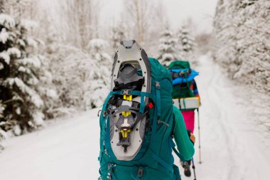 Kış aktivitesi. Karda kar ayakkabılarıyla yürüyen iki kadın, kış yürüyüşü yapan iki kişi, kışın dağlarda yürüyüş yapan iki kişi.