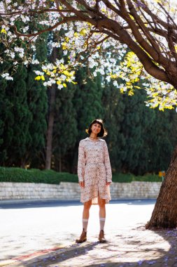 Şık bir yaz elbisesi içinde gülümseyen güzel bir kadının portresi. Sokakta poz veren kaygısız bir kadın. Pozitif model yürüyüş yaparken eğleniyor. Neşeli ve mutlu.