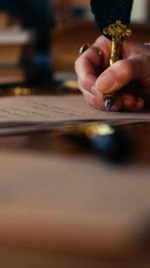 Kadın mürekkep kalemiyle mektup yazıyor. Bir kadın kalemle mektup yazar..
