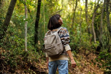 Sırtında sırt çantası ve süveter olan bir kadın seyahat ediyor. Dağlarda bir yürüyüş için. Macera ve yürüyüş. Genç mutlu turist kadın doğada dinleniyor.