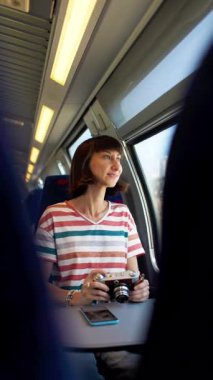 Kameralı kız. Tren yolculuğu. Genç bir kadın, elinde kamerayla tren yolculuğunun tadını çıkarıyor. Turist kamerada güzel turistik yerlerin fotoğraflarını çeker. Kız film kamerası kullanıyor..