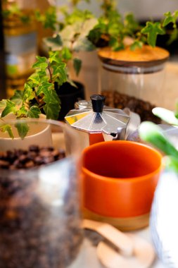 Kahve yapmak için gerekli malzemeler. Kahve makinası, kahve değirmeni ve kahve çekirdekleri rahat bir mutfağın masasında. Kahve yapmak..