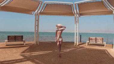 Bikinili bir kadın deniz kenarında yürümekten hoşlanıyor, tatildeki bir kız. Sur boyunca yürüyen güzel bir kadın. Yaz havası.