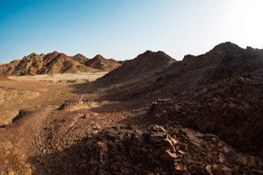 Kuru çöl vadisi manzarası. Çölde yolculuk. Eilat. İsrail.