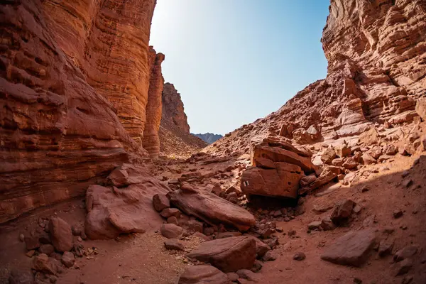 Eilat yakınlarındaki Gai Avud Kanyonu, çölde yürüyüş. İsrail 'de turizm ve seyahat