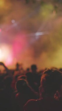 Dikey çekim. Tutkulu izleyiciler, kaldırılmış elleri, yanıp sönen ışıkları ve güçlü atmosferiyle enerjik kaya gösterisinin keyfini çıkarıyorlar.