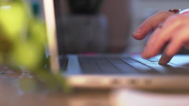 Eller ve parmaklar masadaki dizüstü bilgisayarın klavyesine yakın çekim yapıyor. Ofisteki kız. Ağaçlı güzel yeşil arkaplan.