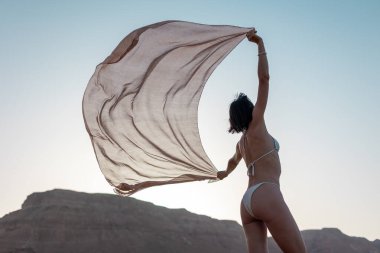 Sahilde gün batımında özgürlüğün tadını çıkaran güzel bir kız. Beyaz mayo giymiş, elinde çırpınan kumaş tutan güçlü rüzgarda çalan bir kadın. Seyahat ve tatil. Özgürlük kavramı.