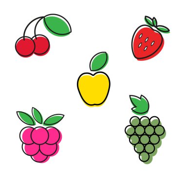 Grafik ve web tasarım koleksiyonu için en az meyve simgesi seti. Beyaz arkaplanda modern taslak