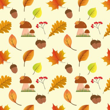 Akçaağaç yaprağı, meşe ağacı, yaban mersini, yenilebilir mantar ve meşe palamudu yapraklarıyla donatılmış sonbahar deseni. Duvar kağıdı, ambalaj kağıdı, şablon dolguları vesaire için uygun..